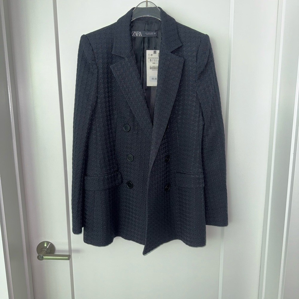 Zara Black Double-Breasted Houndstooth Textured Blazer